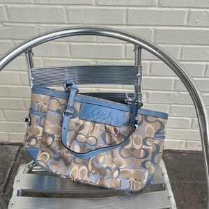 Coach Blue and Tan Signature Tote Bag